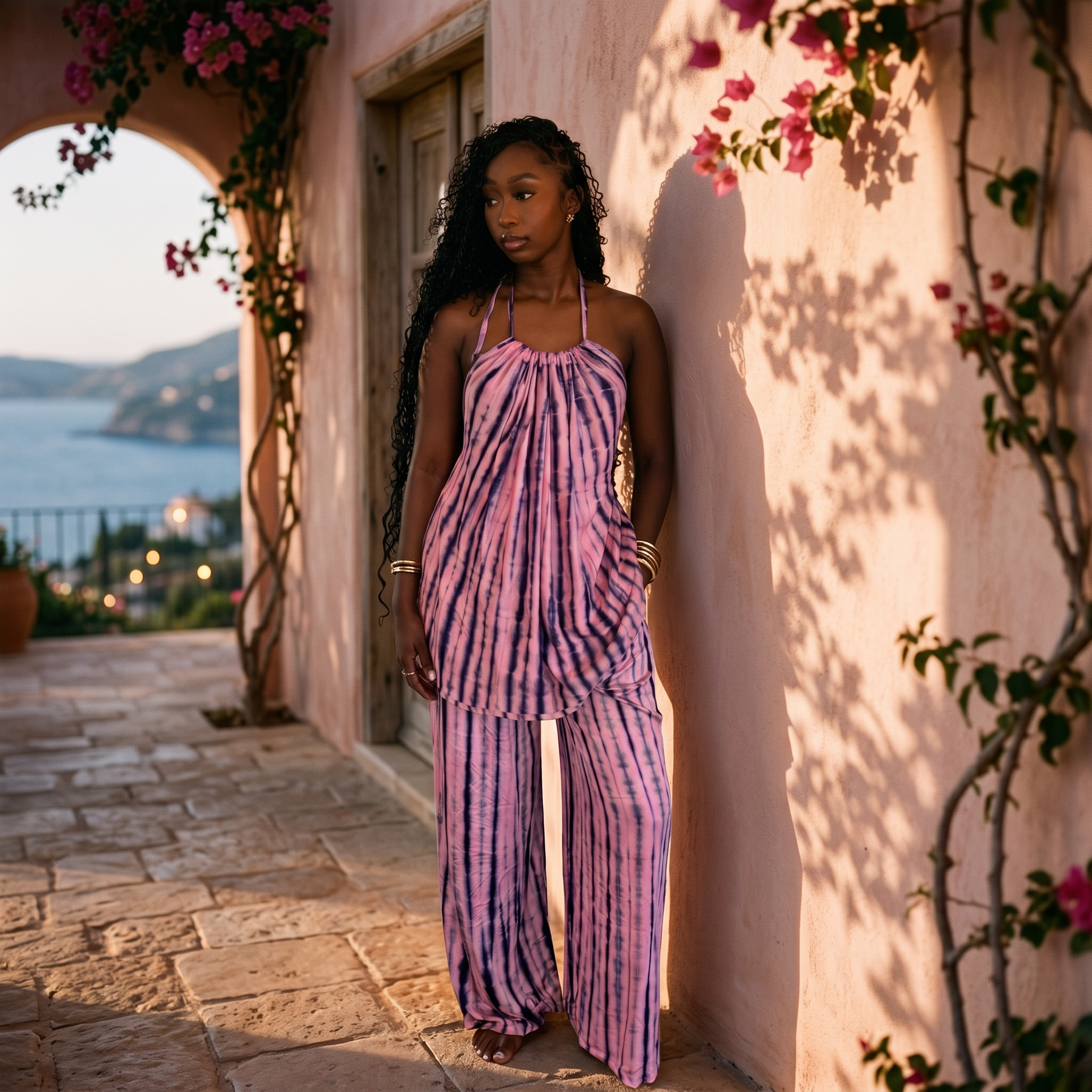 Hibiscus loungewear set in Pink & Navy